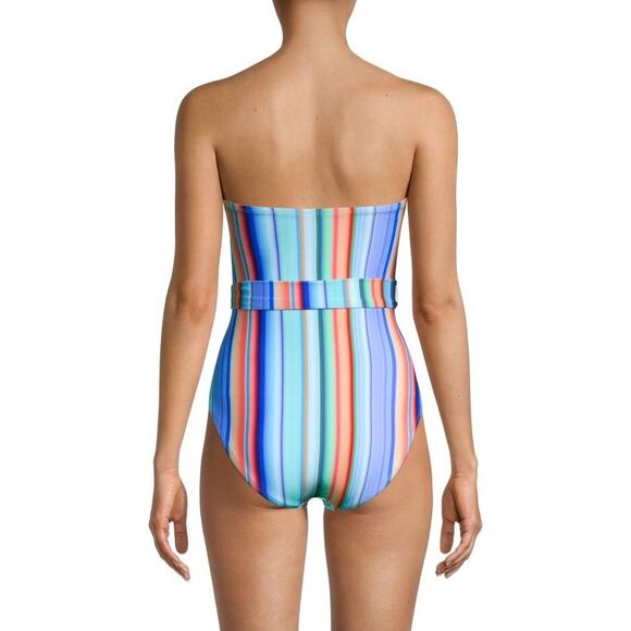 La Blanca Sunset Multicolor Bandeau Belted Tie Waist Stripe One Piece Swimsuit 4 - Picture 3 of 12